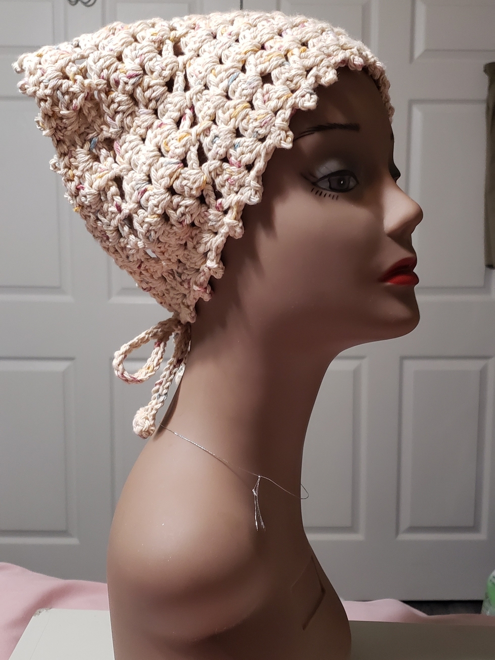 Hand Crafted Peach Speckled Crochet Bonnet with Tie